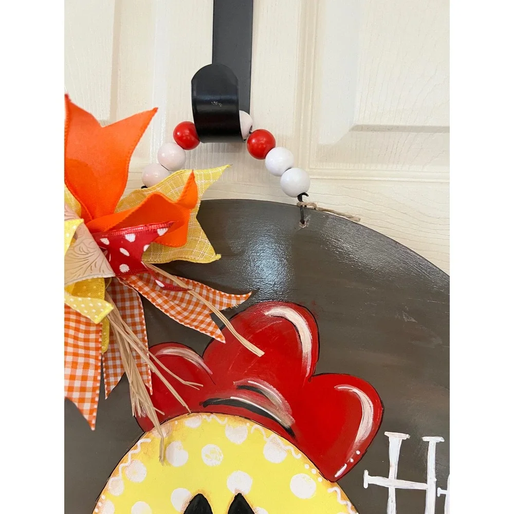 Hand Painted Wooden Chicken Hello Door Hanger Farmhouse Decor Yellow Orange Bow